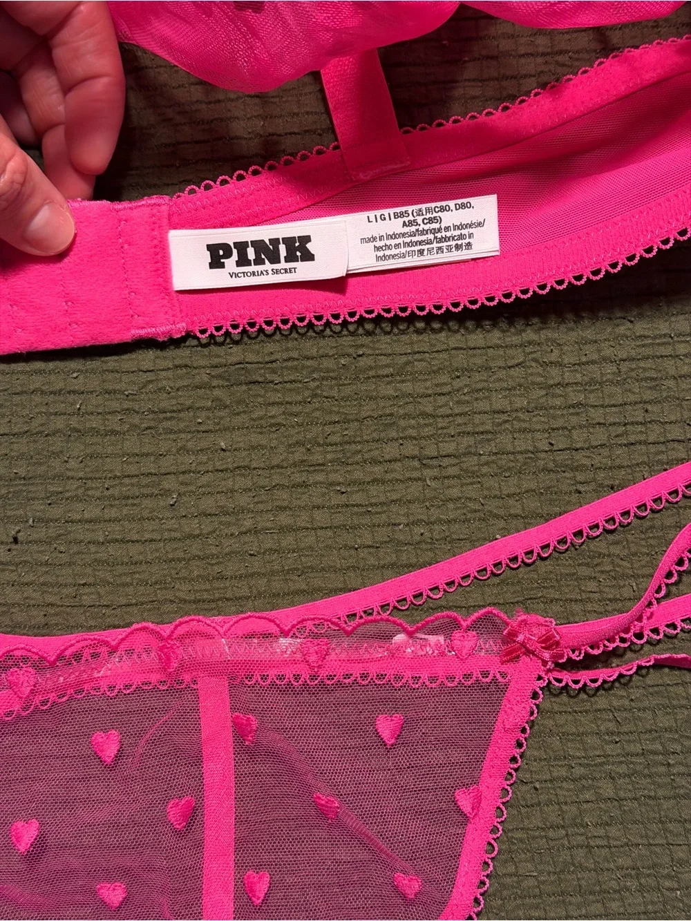 PINK Victoria's Secret Hot Pink Sheer Heart Mesh Bra & Thong Set
